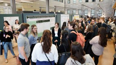 Groupe d'étudiants devant une affiche scientifique lors d'une présentation